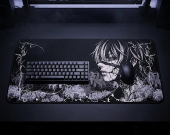 Dark Anime Portrait Desk Mat | Gothic Cybersigil Floral Illustration
