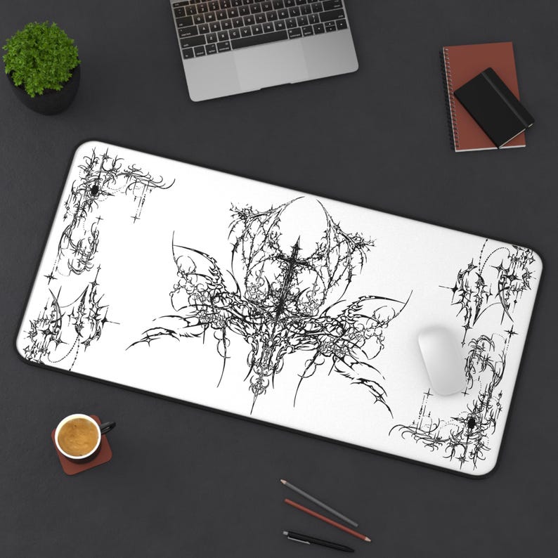 Ornate Gothic Symmetric Illustration Desk Mat | Black White Tattoo Style image 4