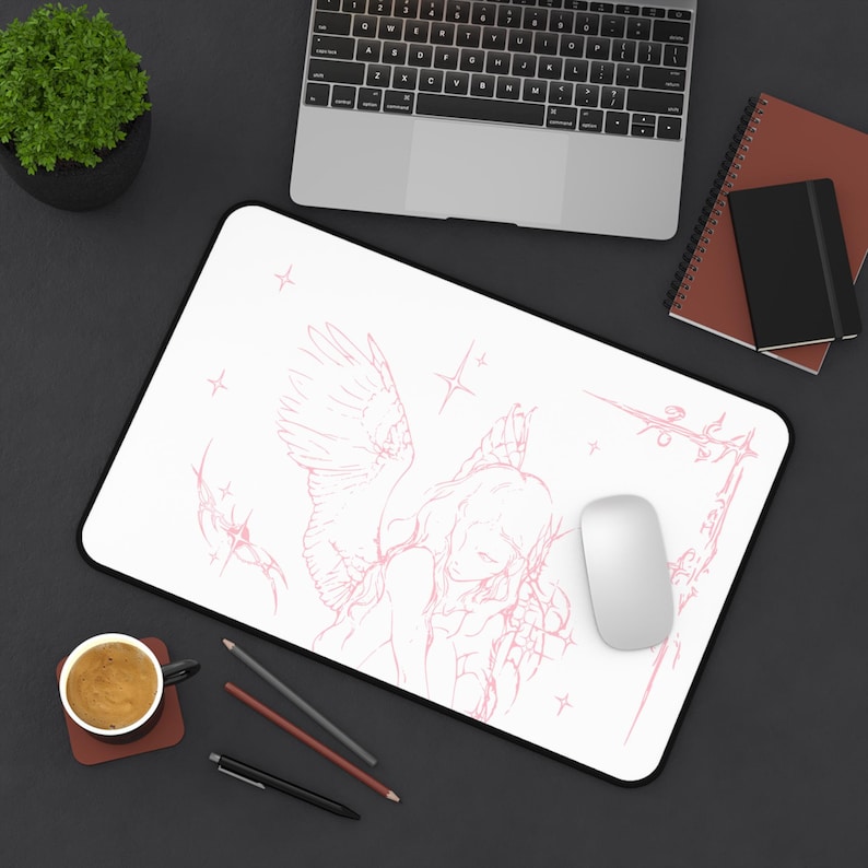 Captured Stars Angel Sketch Desk Mat | Pastel Pink Illustration, Large Mouse Pad image 10
