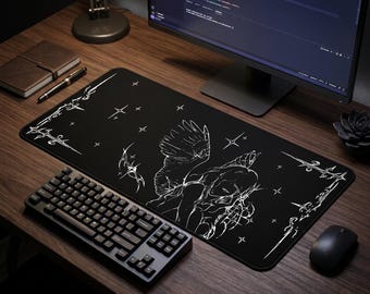 Cybersigilism Angel Stars Desk Mat, Mystical Futuristic Workspace Mouse Pad