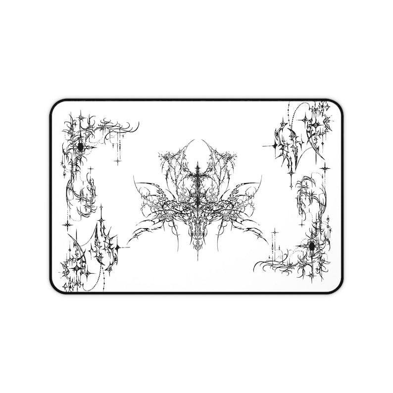 Ornate Gothic Symmetric Illustration Desk Mat | Black White Tattoo Style image 9
