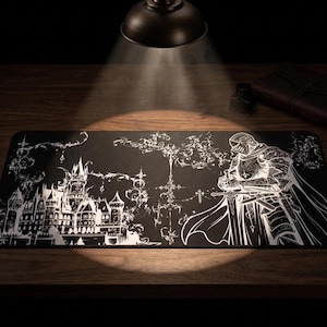 May include: Black rectangular mousepad featuring a white illustration of a castle, a knight in armor, and ornate floral designs. The mousepad is on a dark wooden surface, illuminated by a desk lamp.