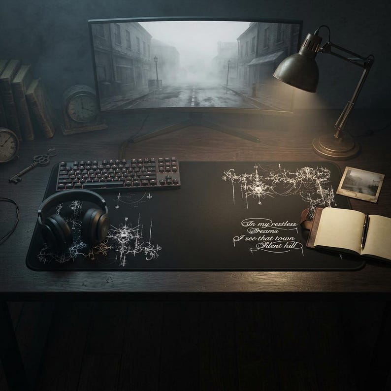 K&ouml;nnte beinhalten: Schwarzes Gaming-Mauspad mit wei&szlig;en grafischen Designs und dem Text "In my restless dreams I see that town Silent hill." Auf dem Schreibtisch befinden sich eine Tastatur, Kopfh&ouml;rer und eine Schreibtischlampe. Ein Computermonitor zeigt eine neblige Stra&szlig;enszene.