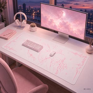 May include: A large rectangular desk mat featuring a white surface with light pink line art illustrations of a winged figure, stars, and decorative border elements. The mat measures 48 by 24 inches and is positioned on a desk under a computer monitor.
