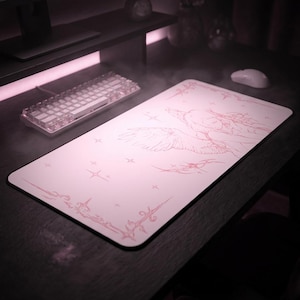 Captured Stars Angel Sketch Desk Mat | Pastel Pink Illustration, Large Mouse Pad image 2