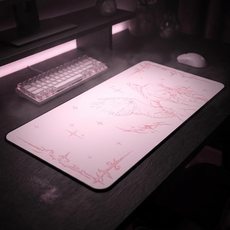 Captured Stars Angel Sketch Desk Mat | Pastel Pink Illustration, Large Mouse Pad image 2