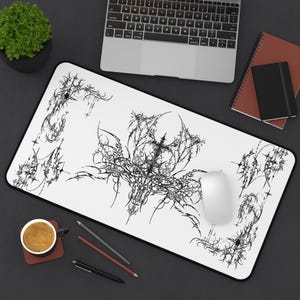 Ornate Gothic Symmetric Illustration Desk Mat | Black White Tattoo Style image 7