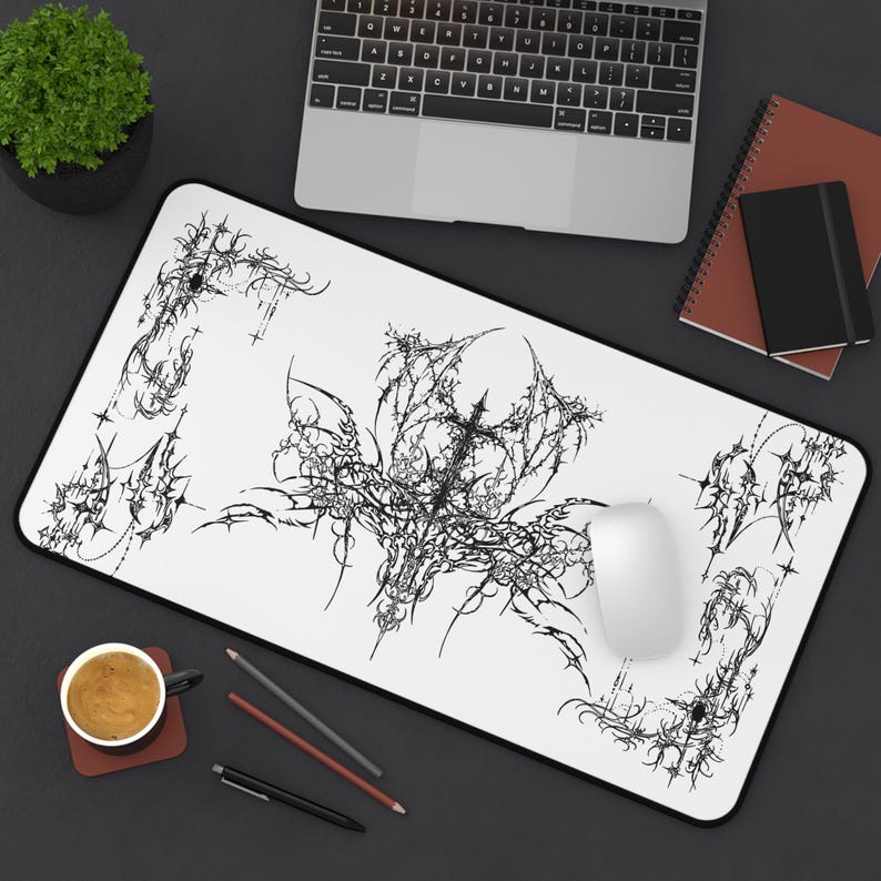 Ornate Gothic Symmetric Illustration Desk Mat | Black White Tattoo Style image 7