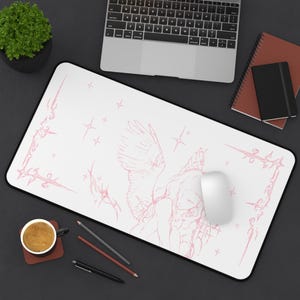 Captured Stars Angel Sketch Desk Mat | Pastel Pink Illustration, Large Mouse Pad image 7