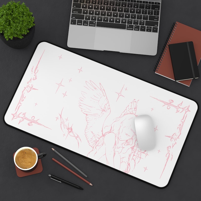 Captured Stars Angel Sketch Desk Mat | Pastel Pink Illustration, Large Mouse Pad image 7