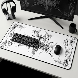 Ornate Gothic Symmetric Illustration Desk Mat | Black White Tattoo Style image 1