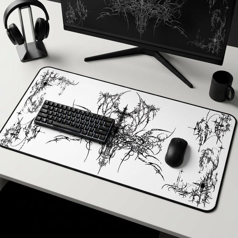 Ornate Gothic Symmetric Illustration Desk Mat | Black White Tattoo Style image 1