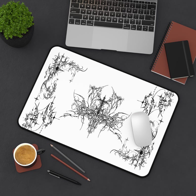 Ornate Gothic Symmetric Illustration Desk Mat | Black White Tattoo Style image 10