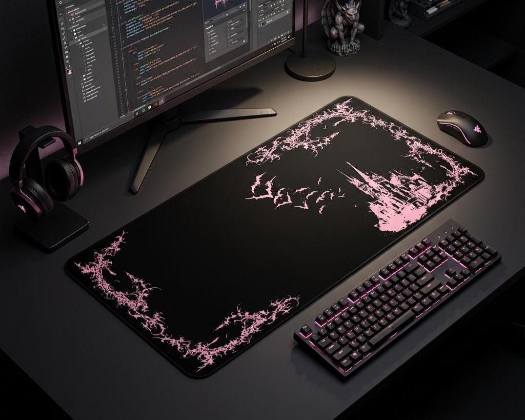 Pink Vampire Castle with Bats Desk Mat | Pink on Black, Decorative Mousepad