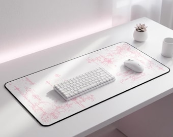 Pink Silent Hill floral script Desk Mat | girly elegant mousepad deskpad