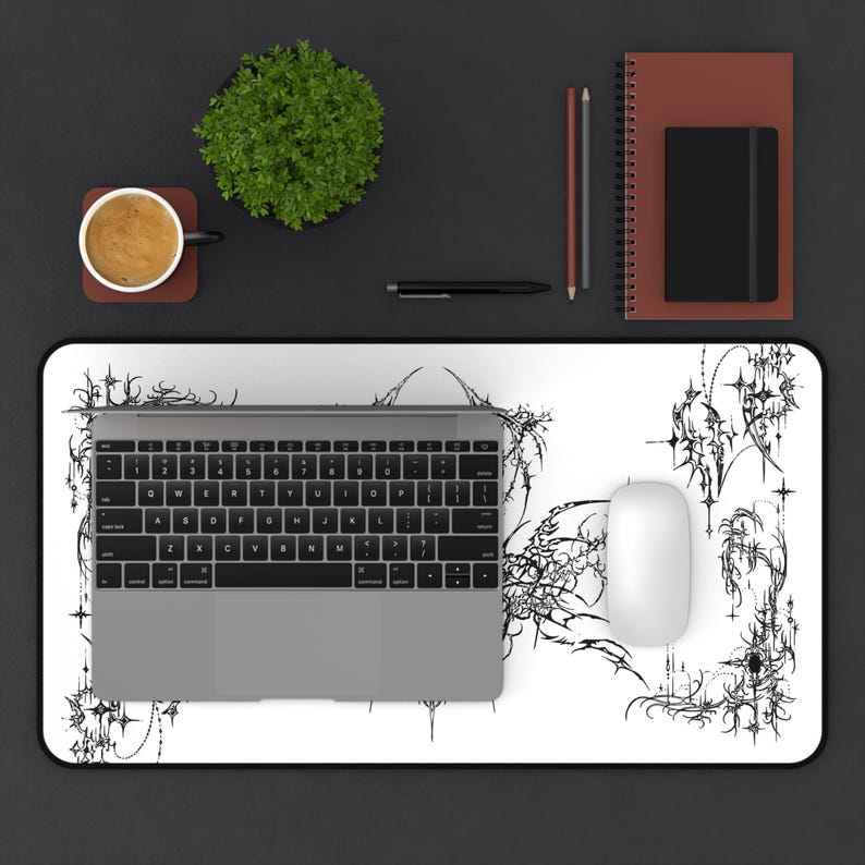 Ornate Gothic Symmetric Illustration Desk Mat | Black White Tattoo Style image 8