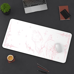 Captured Stars Angel Sketch Desk Mat | Pastel Pink Illustration, Large Mouse Pad image 4