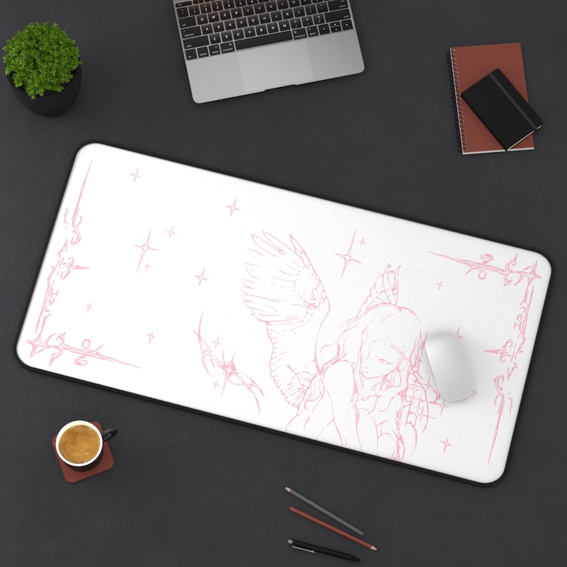 Captured Stars Angel Sketch Desk Mat | Pastel Pink Illustration, Large Mouse Pad image 4