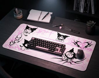 Kawaii Character Pink Gothic Pattern 16"x32" Desk Mat | Anime Gaming Deskpad
