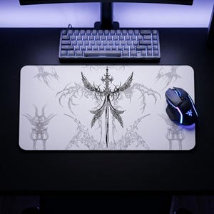 Inverted Cybersigilism Mouse Pad, Angel Sword Desk Mat, Gaming Office Decor
