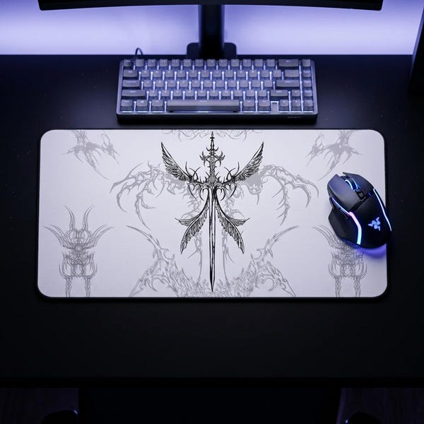 Inverted Cybersigilism Mouse Pad, Angel Sword Desk Mat, Gaming Office Decor