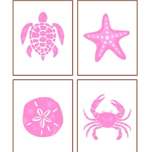 Pink beach prints, trendy beach prints, pink coastal beach prints set of 4