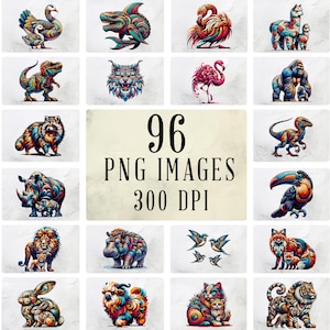 Colorful Wild Animal Art Bundle: 96 Vibrant PNG Images (Digital Download)