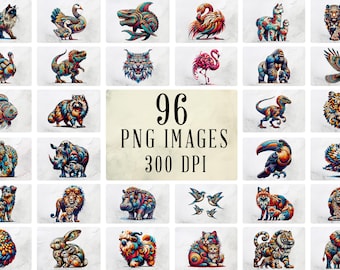 Colorful Wild Animal Art Bundle: 96 Vibrant PNG Images (Digital Download)