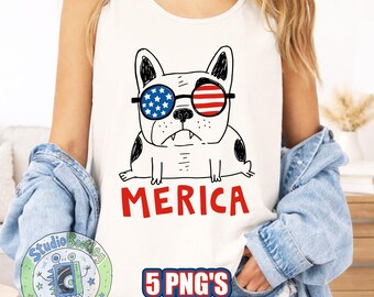 May include: A white sleeveless tank top featuring a black line art illustration of a French bulldog wearing sunglasses with American flag patterns. Below the dog, the red text reads MERICA. The shirt also displays a circular logo with text.