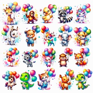 Puede incluir: Una ilustración colorida con varios animales y globos. Los animales incluyen una jirafa, un mono, un pájaro, un oso, un ciervo, un elefante, un gato, un perro, un cocodrilo, un zorro, un cerdo y un unicornio. Los globos son de varios colores, incluyendo rojo, azul, verde, amarillo y morado.