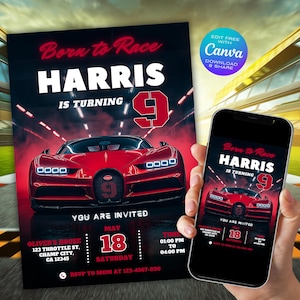 Może przedstawiać: Czerwono-czarne zaproszenie na urodziny z czerwonym samochodem sportowym i tekstem "Born to Race Harris is turning 9". Zaproszenie zawiera datę, godzinę i miejsce imprezy.