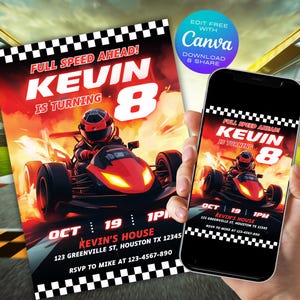 Bearbeitbare GoKart-Einladung, Go Kart-Geburtstagsfeier-Einladung, Go Kart-Rennen einladen, Geburtstagsjungen-Vorlage, Jungen-Party, Canva-Vorlage 5x7