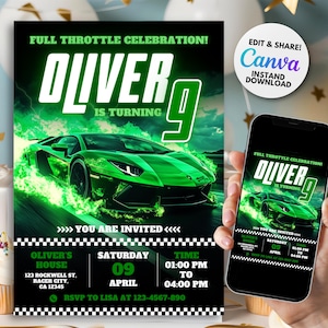Bewerkbare groene sportwagenuitnodiging, Ferrari-auto uitnodigen, raceautofeestje uitnodigen, autothema verjaardagsfeestje uitnodigen, verjaardagssjabloon