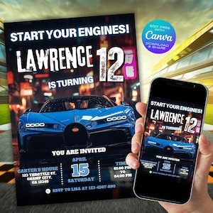 Może przedstawiać: Zaproszenie na przyjęcie urodzinowe z grafiką niebieskiego samochodu sportowego. Na zaproszeniu widnieje napis "Start Your Engines! Lawrence kończy 12 lat". Szczegóły obejmują datę, godzinę i informacje RSVP. Smartfon wyświetla to samo zaproszenie.