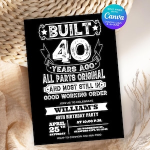 大人向け40歳の誕生日パーティー招待状、40年前に建てられた家への招待状、40歳の誕生日招待状、おじさんへの誕生日招待状、編集可能なテンプレート