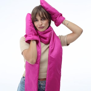 Felroze set puffersjaal voor dames: 6 x 90 inch met pufferwanten