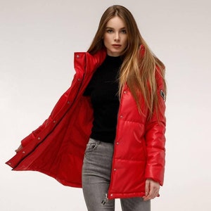 Faux Leather Puffer Jacket with Hoodie Windproof Winter Coat Куртка В-1299 Экокожа Тон 4