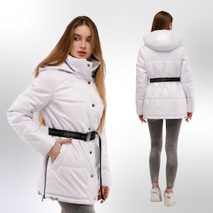 White Coat Womens Faux Leather Puffer Jacket with Hoodie Windproof Winter Jacket Куртка В-1299 Экокожа Тон 49