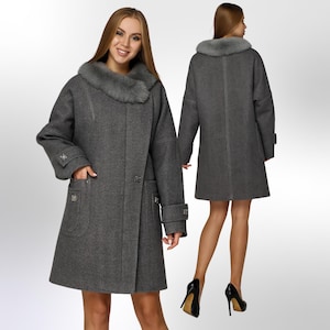 Gray Wool Coat Women Fur Fox Collar Пальто П-1219 н/м Шерсть пальтовая W7-18145 Тон 25