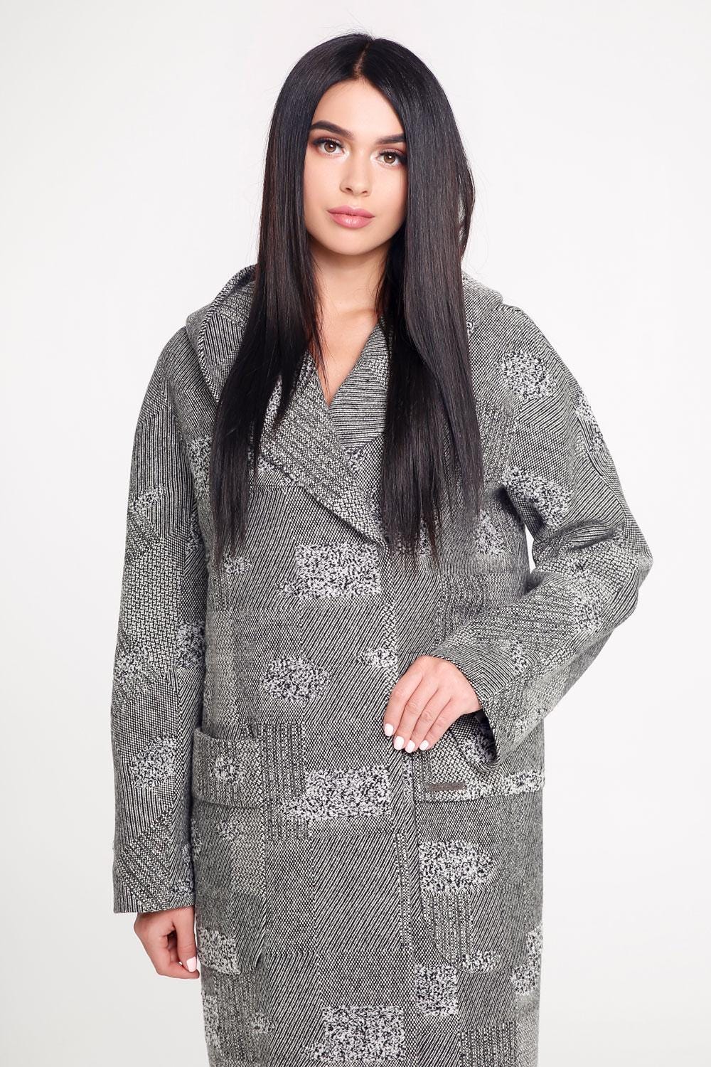 Grey Wool Hooded Lined Coat With Pockets Midi Outerwear Пальто В