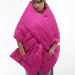 Felroze Cape jas puffer grote sjaal 20 x 85 in met 2 zakken deken sjaal rond schouders wrap warme winter cadeau dameskleding