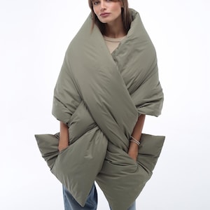 Beige Puffer Large Scarf 20x85in With 2 Pockets Blanket