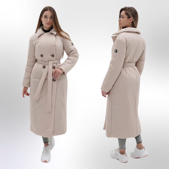 Beige Maxi Puffer Coat: Belted Winter Trench, Water-resistant - Etsy
