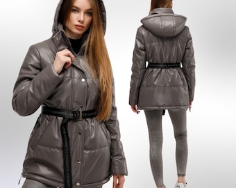 Jaqueta de couro falso com capuz, casaco de inverno à prova de vento, Куртка В-1299 Экокожа Тон 34
