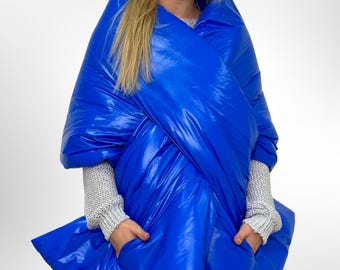 Royal Blue Puffer Large Scarf 20x85in with 2 pockets Blanket Shawl Cape Around Shoulders Wrap Warm Winter Gift Womens Clothing
