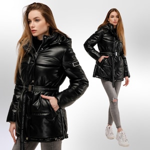 Black Faux Leather Puffer Jacket with Hoodie Windproof Winter Coat Куртка В-1299 Экокожа Тон 21