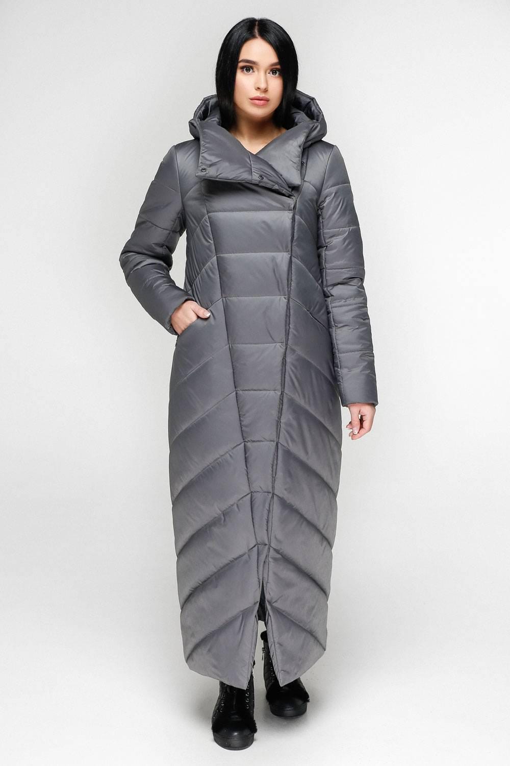 Dark Grey Long Puffer Coat Winter Warm Women's Clothing Пуховик ПВ