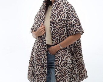 Leopard Print Puffer Cape Scarf: Warm Winter Wrap with Pockets