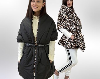 Reversible Puffer Blanket Shawl Cape: Women's Warm Winter Wrap with Belt