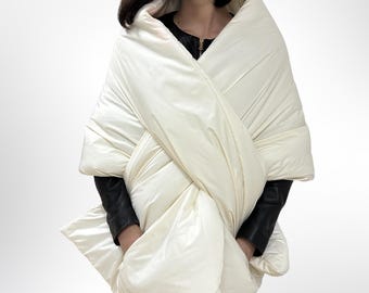 Ivory Puffer Cape Scarf: Winter Blanket Shawl with Pockets